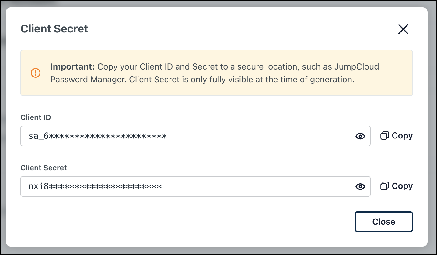 A screenshot showing how to copy the Client Secret for a service account in the multi-tenant portal.